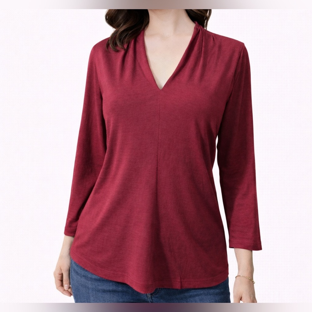 Lafayette 148 NY Burgundy Wine Stretch Wool Knit Top Long Sleeve Large